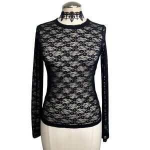 Gothic Sheer Floral Lace Whimsigoth Grunge Long Sleeve Top Size Small